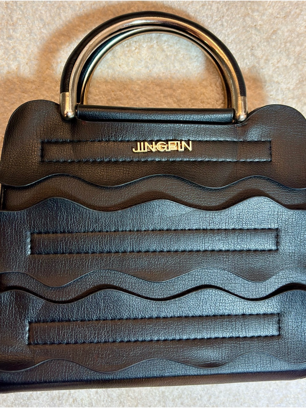 JINGPIN Black Wavy Leather Satchel with Gold Handle